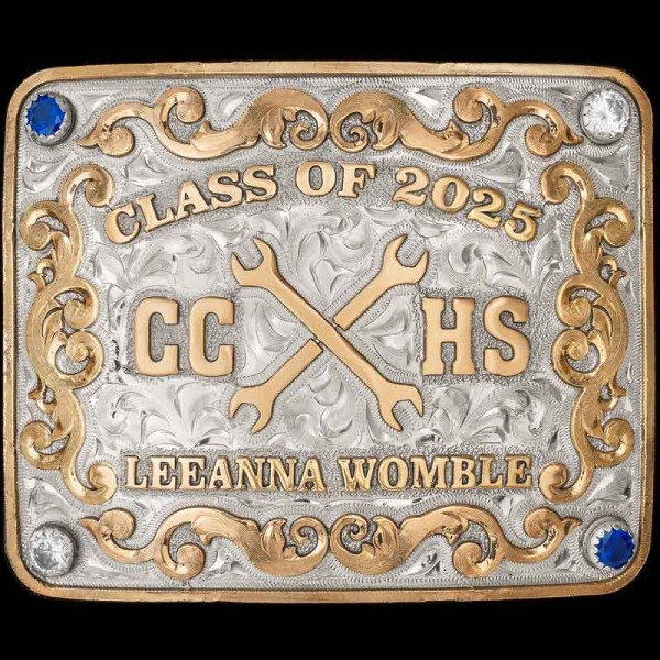 "Celebrate any Accomplishment with the Blake Custom Belt Buckle. This Buckle is crafted on a hand-engraved, German Silver base. It's detailed with a straight, Jeweler's Bronze edge, scrolls and lettering. 4 large cubic zirconia stones in each corner.